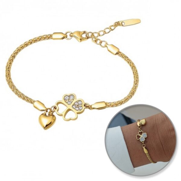 Armband van stainless steel met 14 krt goudplating harten en klaver BST1550