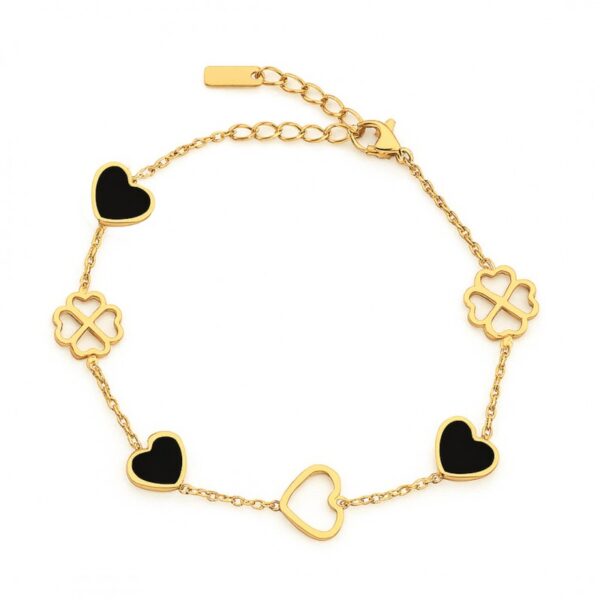 Armband van stainless steel met 14 krt goudplating harten en klaver BST1551