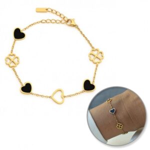 Armband van stainless steel met 14 krt goudplating harten en klaver BST1551