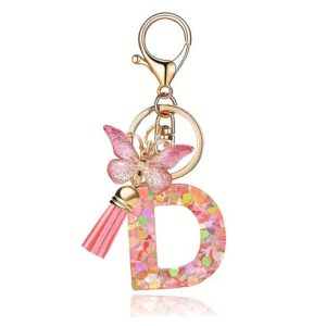 Sleutelhanger LETTER D roze met vlinder en franjes BRL328D