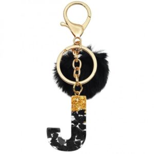 Sleutelhanger LETTER J met pompon zwart en goud BRL342J