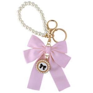 Sleutelhanger met strik en parels roze BRL362R