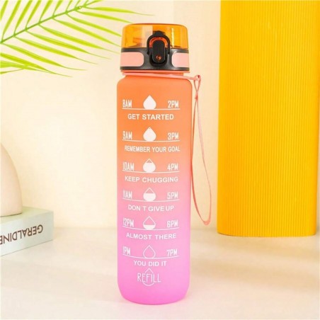 Waterfles, maatbeker 1L OMBRE Oranje met Fuchsia BD15