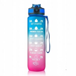Waterfles, maatbeker en rietje 1L OMBRE Blauw met Fuchsia BD18