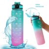 Waterfles, maatbeker en rietje 1L OMBRE Groen met Roze BD19