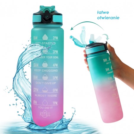 Waterfles, maatbeker en rietje 1L OMBRE Groen met Roze BD19