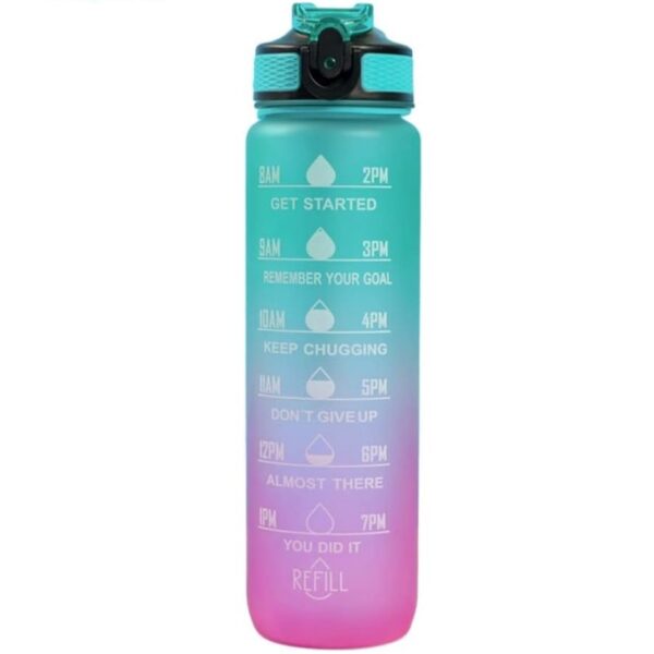 Waterfles, maatbeker en rietje 1L OMBRE Groen met Roze BD19