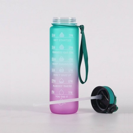 Waterfles, maatbeker en rietje 1L OMBRE Groen met Roze BD19