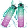 Waterfles, maatbeker en rietje 1L OMBRE Groen met Roze BD19