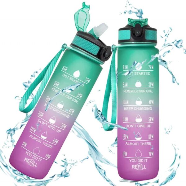 Waterfles, maatbeker en rietje 1L OMBRE Groen met Roze BD19