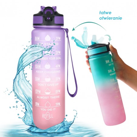 Waterfles met maatbeker en rietje 1L OMBRE Violet met Koraal BD20