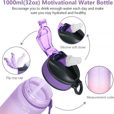 Waterfles met maatbeker en rietje 1L OMBRE Violet met Koraal BD20