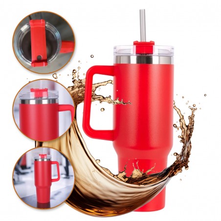 Thermische beker met grote inhoud, handvat en rietje, 1 liter, rood, cup15