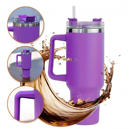 THERMISCHE BEKER MET GROTE INHOUD, HANDGREEP EN RIETJE THERMOS 1L PAARSE CUP11
