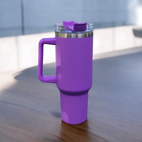 THERMISCHE BEKER MET GROTE INHOUD, HANDGREEP EN RIETJE THERMOS 1L PAARSE CUP11
