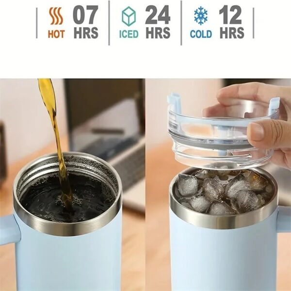 THERMISCHE BEKER MET GROTE INHOUD, HANDGREEP EN RIETJE THERMOS 1L PAARSE CUP11