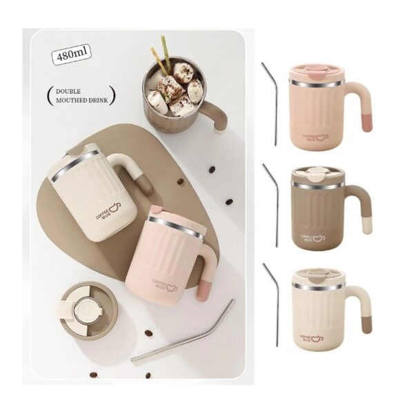 GROTE THERMISCHE BEKER met rietje 480 ml AFSLUITBARE THERMISCHE BEKER KOFFIEKOP 17BR