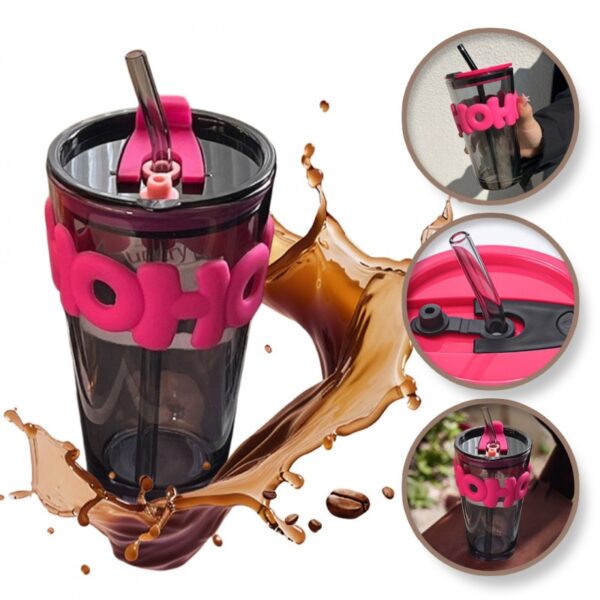 Gekleurde glazen mok voor koffie en thee met rietje en sluiting 400 ml CUP14