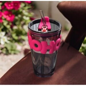 Gekleurde glazen mok voor koffie en thee met rietje en sluiting 400 ml CUP14