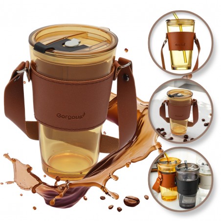 Gekleurde glazen mok voor koffie en thee met rietje en sluiting 450 ml CUP09BR