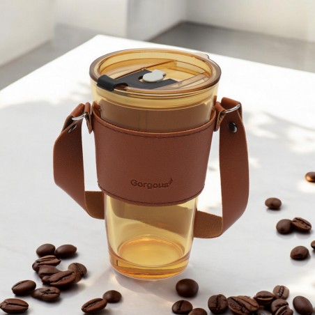 Gekleurde glazen mok voor koffie en thee met rietje en sluiting 450 ml CUP09BR