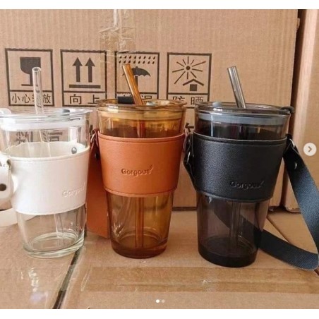 Gekleurde glazen mok voor koffie en thee met rietje en sluiting 450 ml CUP09BR