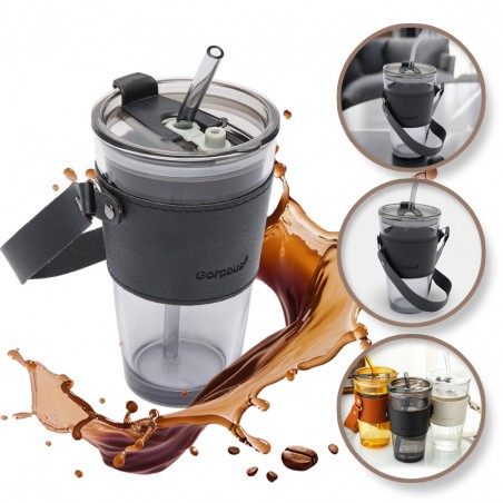 Gekleurde glazen mok voor koffie en thee met rietje en sluiting 450 ml CUP09GRAF