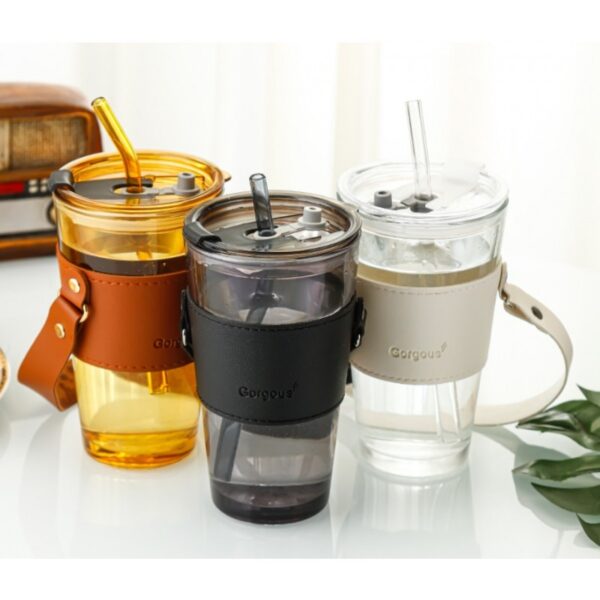 Gekleurde glazen mok voor koffie en thee met rietje en sluiting 450 ml CUP09GRAF