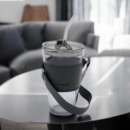 Gekleurde glazen mok voor koffie en thee met rietje en sluiting 450 ml CUP09GRAF
