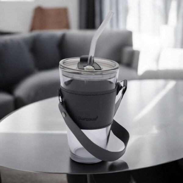 Gekleurde glazen mok voor koffie en thee met rietje en sluiting 450 ml CUP09GRAF
