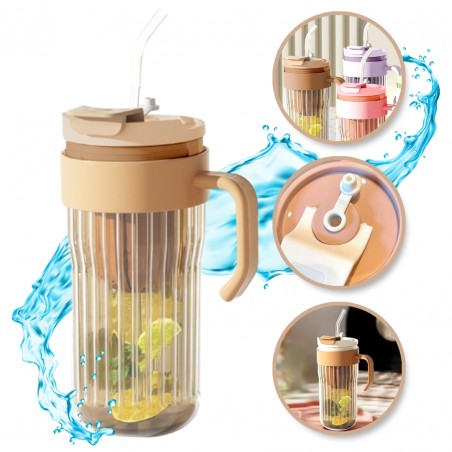 Koffie-thee geribbelde glazen mok met rietje, zeefje en sluiting 550 ml CUP12BR