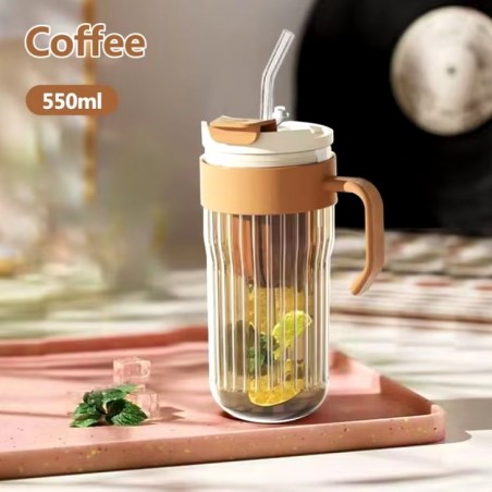 Koffie-thee geribbelde glazen mok met rietje, zeefje en sluiting 550 ml CUP12BR