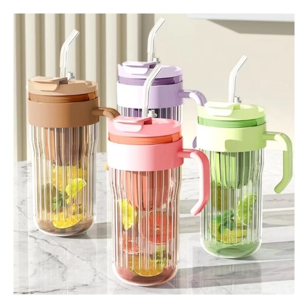Koffie-thee geribbelde glazen mok met rietje, zeefje en sluiting 550 ml CUP12BR
