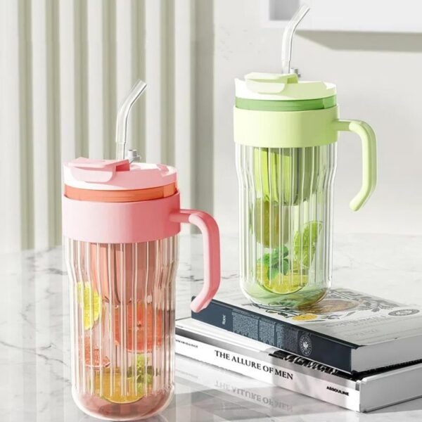Koffie-thee geribbelde glazen mok met rietje, zeefje en sluiting 550 ml CUP12FIO