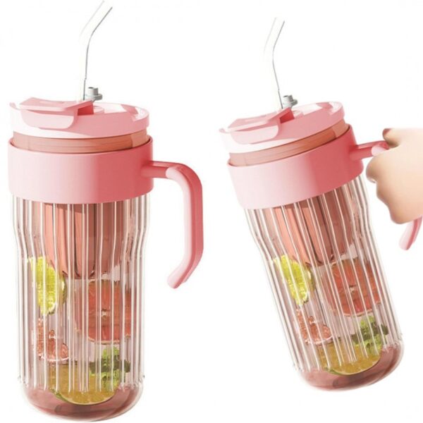 Koffie-thee geribbelde glazen mok met rietje, zeefje en sluiting 550 ml CUP12R