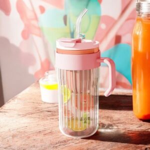 Koffie-thee geribbelde glazen mok met rietje, zeefje en sluiting 550 ml CUP12R