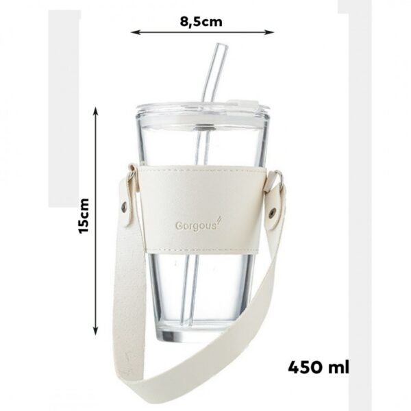 Koffie-thee mok van glas met rietje en sluiting 450 ml CUP09B
