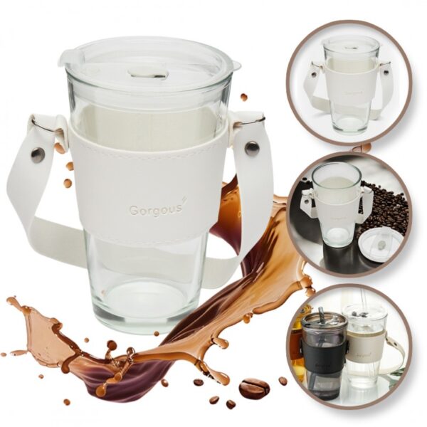 Koffie-thee mok van glas met rietje en sluiting 450 ml CUP09B