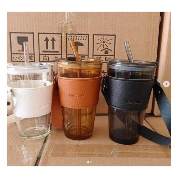 Koffie-thee mok van glas met rietje en sluiting 450 ml CUP09B