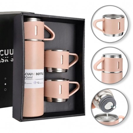 DE THERMOSSET MET 3 MOKKEN, cadeauverpakking, 500 ml roze BD24R